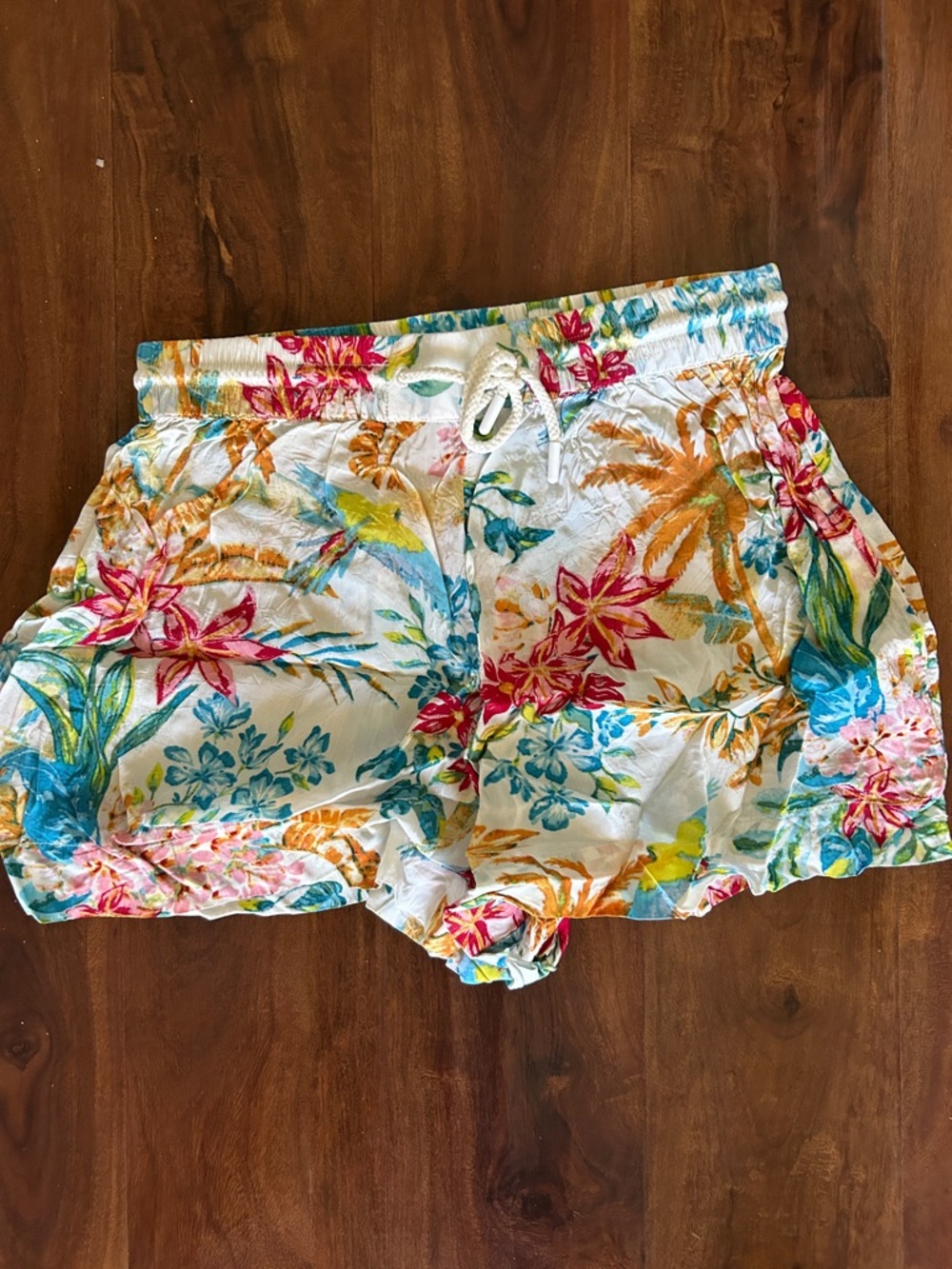 Elan White Tropical Floral High-Waist Drawstring Shorts